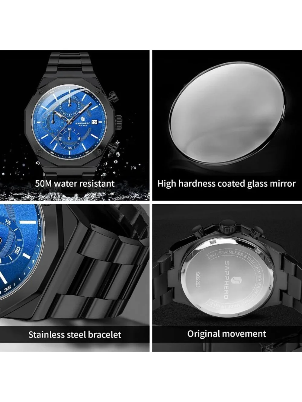 Men's Black Blue Analog Quartz Chronograph Stainless Steel Waterproof Wristwatch